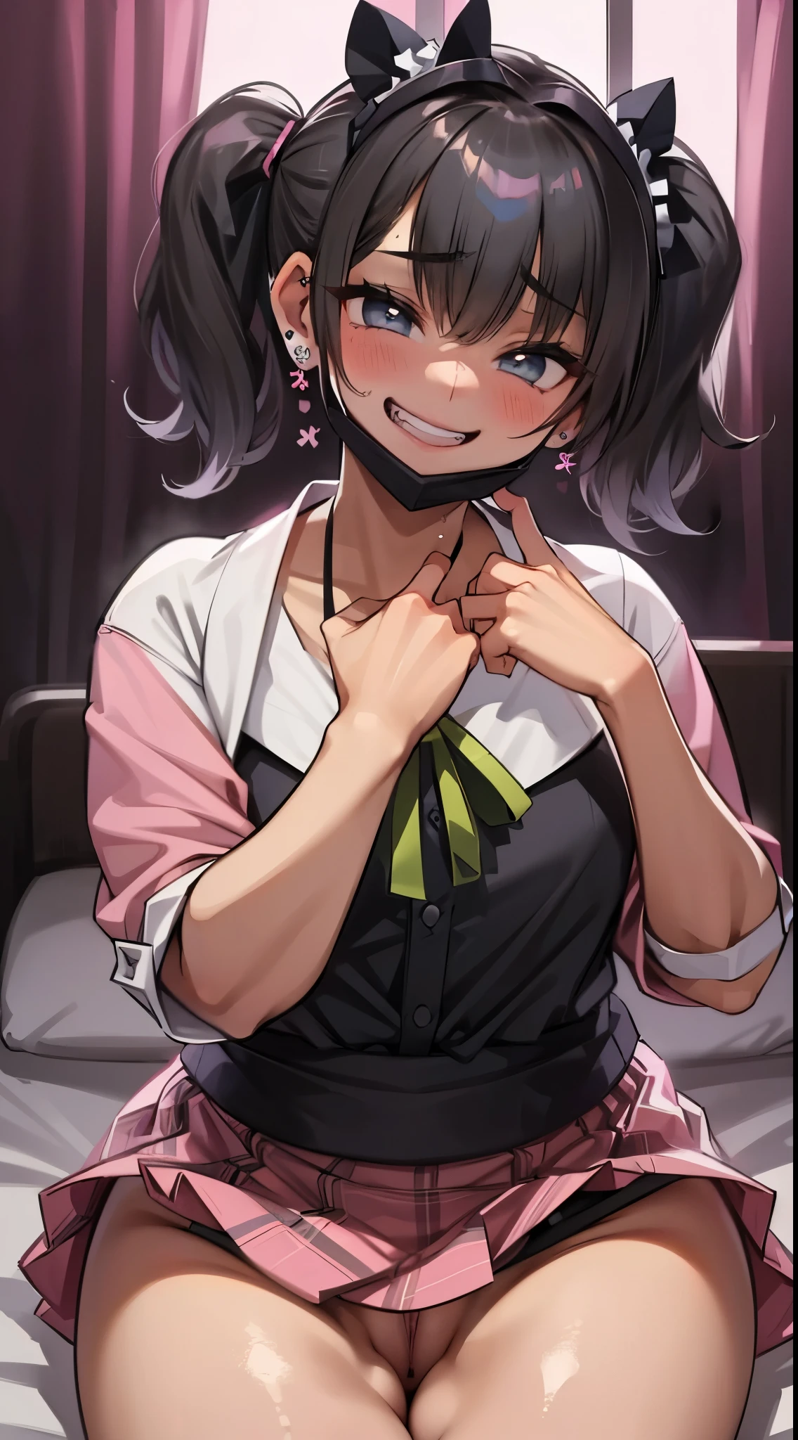 (8k、Best image quality、highest quality、masterpiece)、Detailed face、One Girl、Black Hair、((Twin tails))、Blunt bangs、short hair、Wavy Hair、Grey Eyes、Earrings、Wicked Smile、Grin、mask_Pull、Super big 、((Cute Girls))、Black mini skirt、jirai kei attire、Cowboy Shot、(night:1.8, Love hotels in Japan:1.8, Dark Room:1.8, Dark pink lighting:1.7, Teasing in bed)