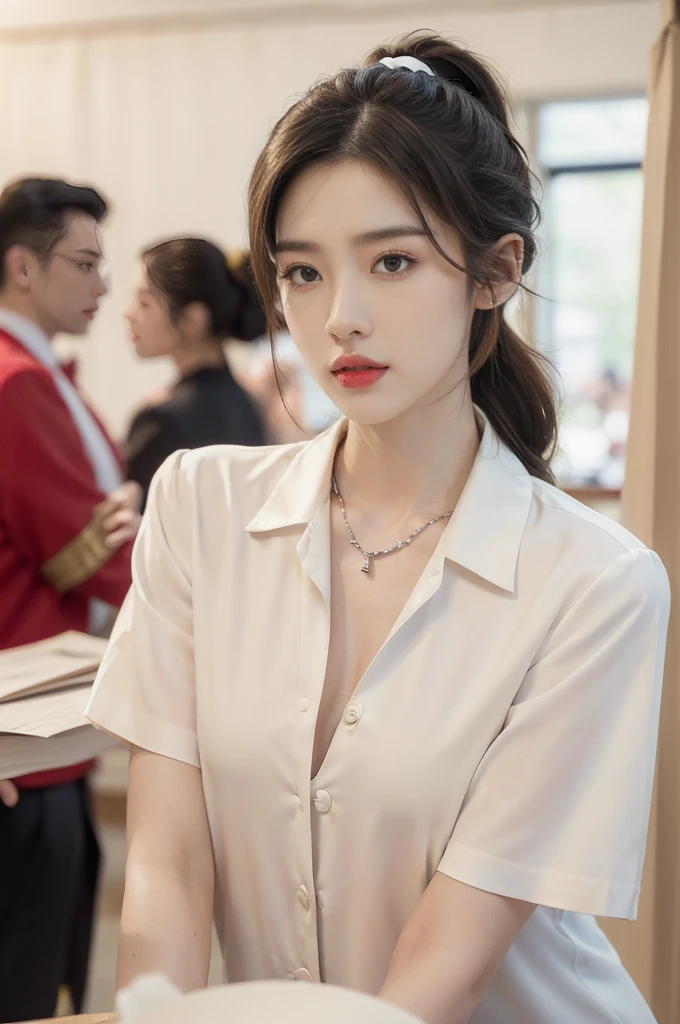 ((((8k))),((Extremely meticulous CG)) ,(wallpaper),16k,((Extremely refined and beautiful)),(((Masterpiece))),(((best qualtiy))),(((Ultra High Resolution))),beautiful light up,Perfect lightning,realistic shaded,(Smooth and flawless skin:1.5),(Extremely exquisite facial details:1.2),(perfect body:1.2),(ultra-detailed),((A beautiful girl,solo)),(small head:1.2),(pale skin:1.3),(short ponytail:1.3),(small face:1.2),(baby face:1.3),(glasses:1.2),(Exquisite makeup:1.2),(red lips:1.2),(parted lips:1.2),(small breasts:1.3),(flat chest:1.2),(claviclies:1.3),(cleavage:1.3),((slim,thin)),(disgusted expression:1.5),(short sleeves:1.2),(crystal necklace:1.2),(collared white uniform shirt:1.5),(indoor:1.3),(summer:1.3),(detailed background:1.5),(standing:1.3),(close-up of face:1.3),(from front:1.3),(day scene:1.5),(In a luxurious Hall:1.5),(bright and vivid colors:1.3),(surrounded by crowded crowds:1.3),Exchange, stock, trading floor, bustling, vibrant, large open space, polished floor, high ceilings, monitors, real-time market data, phones ringing, traders talking, efficient operation, trading desks, brokers booths, senior staff offices, equipped computers, telephones, raised platform, pit, brokers, dealers, activity, hushed tones, personnel, roles, responsibilities, traders, suits, monitoring screens, market movements, brokers, negotiation, clients, dealers, execution, efficiently effectively, organized space, buying selling stocks