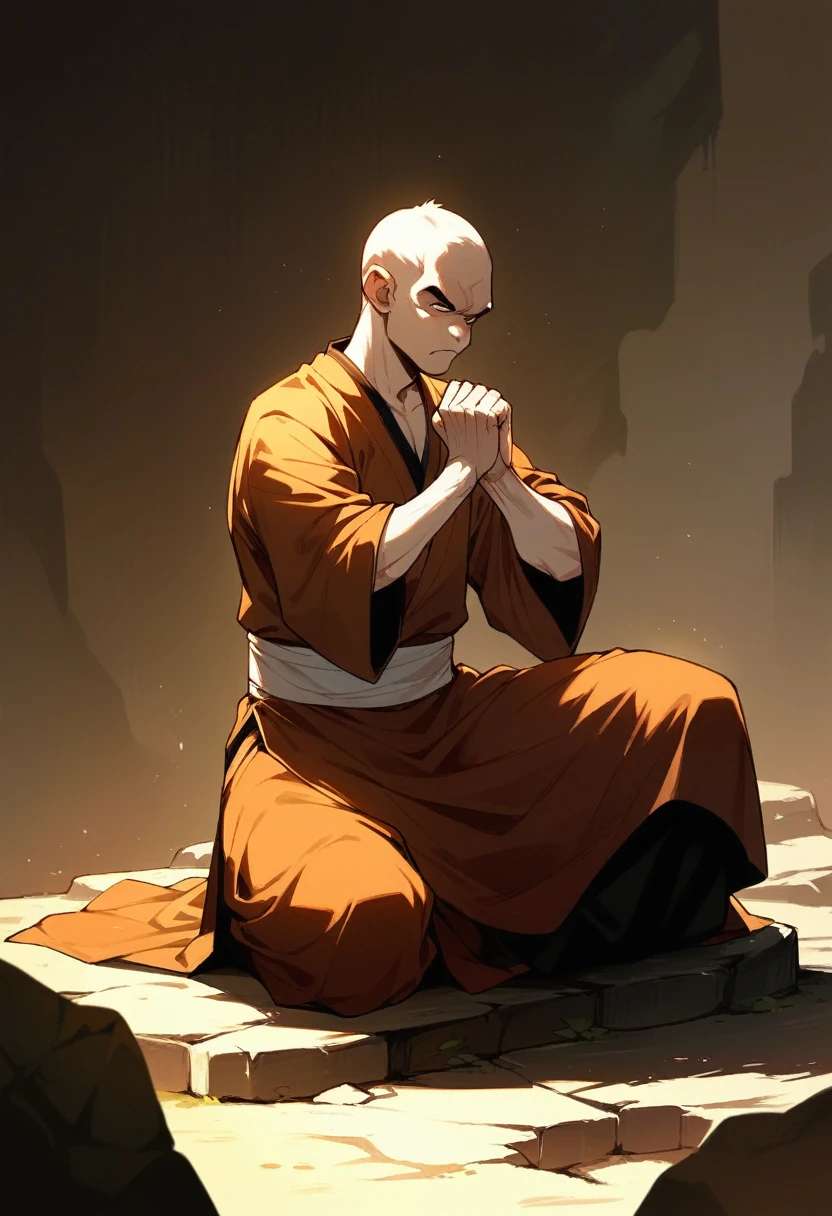monkey sitting on a rock, wearing monk clothes, with clenched palms in a pose