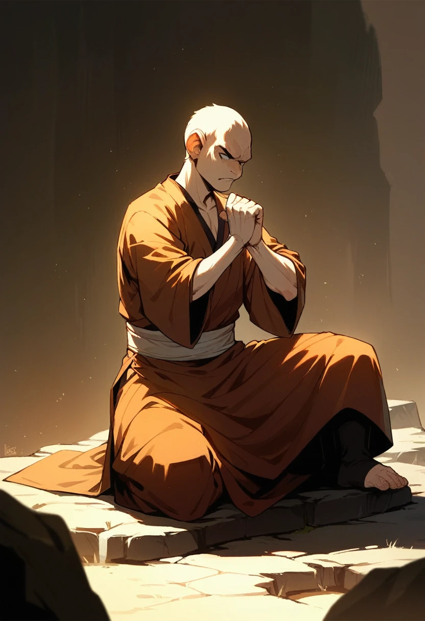 monkey sitting on a rock, wearing monk clothes, with clenched palms in a pose