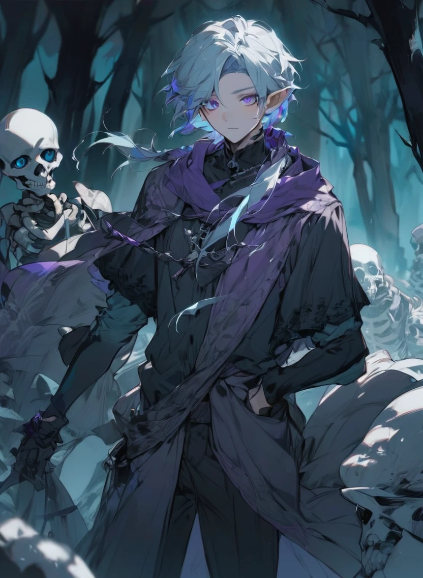 young man ,Male Dark, dark Woods, cold colors, Elf with puple eye, Warlock dnd , Skeleton army in background