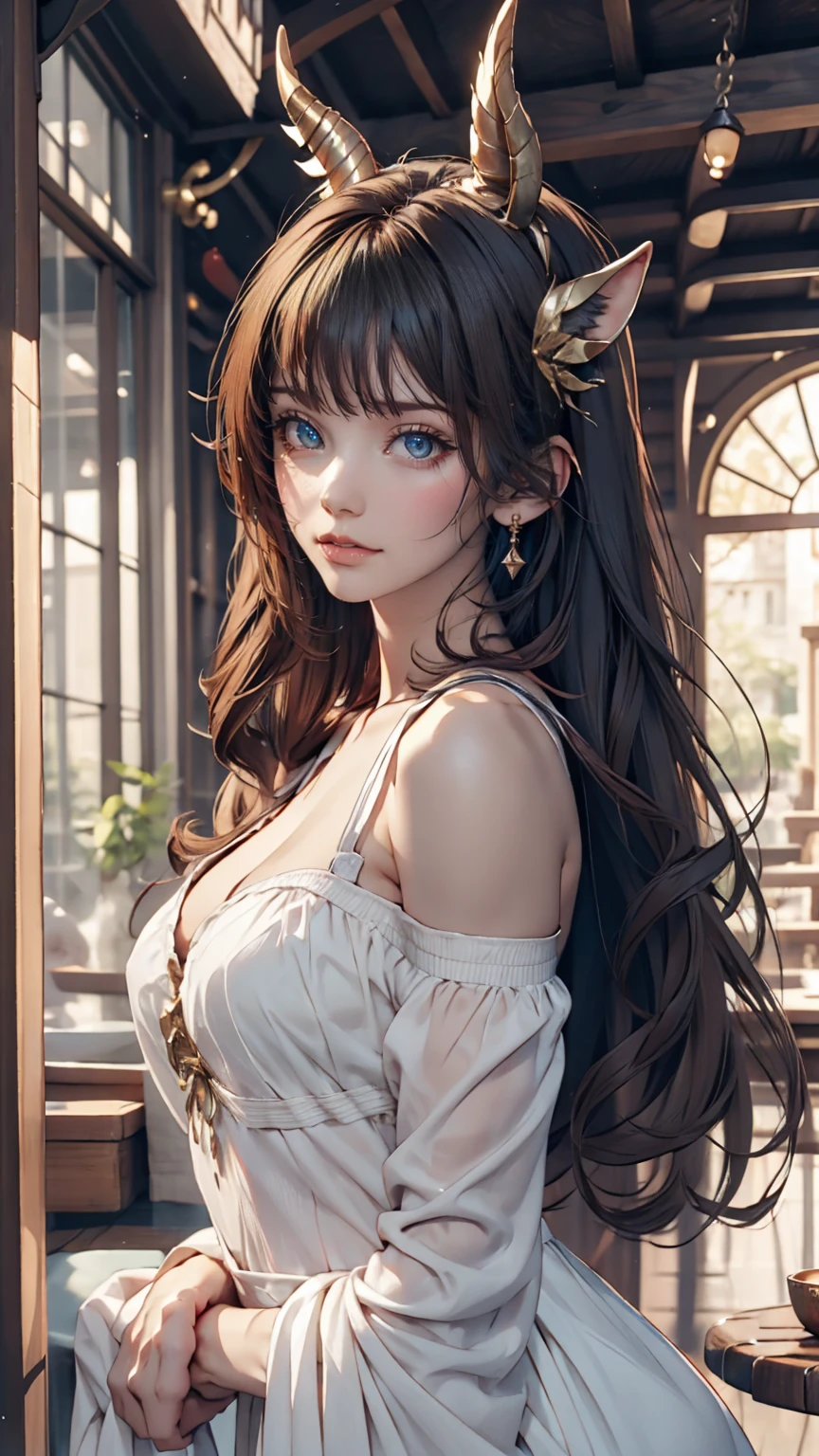 White unicorn and woman、Women wear long dresses