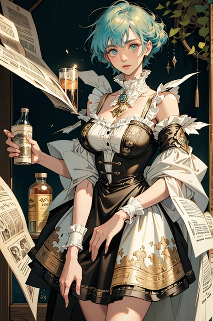 Super detailed alcohol ink painting of gorgeous girl, Made on top of a mixed-media masterpiece patchwork of stress-free vintage script paper, Ephemera, Torn cardboard, Vintage newspaper, Vintage sheet music, Wax Seal, Dress made of paper ruffles and life-size dainty lace, in the style of [Junk Journal, double exposure, Equal to the size of the body, Greg Simkins, Mark Davis, Oliver Jeffers, Andy Kehoe], Cinematic, Stunning, Highly detailed, 8K, dehazed
