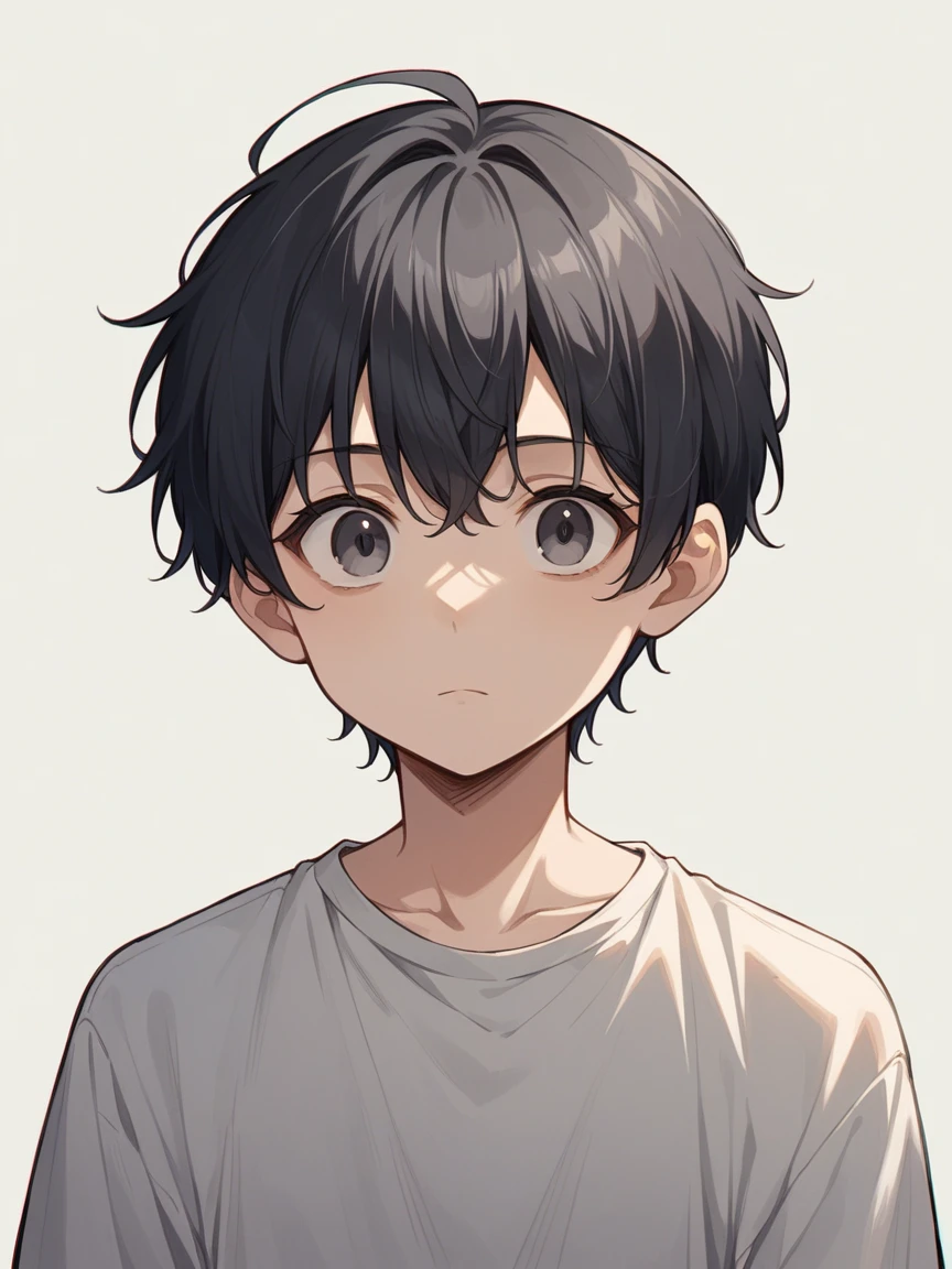 masterpiece, highest quality, Anime Style,Icon Style, 1 person,Atmospheric, Age 25, Highly detailed face, ((Dark grey eyes)), ((Dark hair parted in the center、Short Hair)),, ((Casual clothing)),background:white