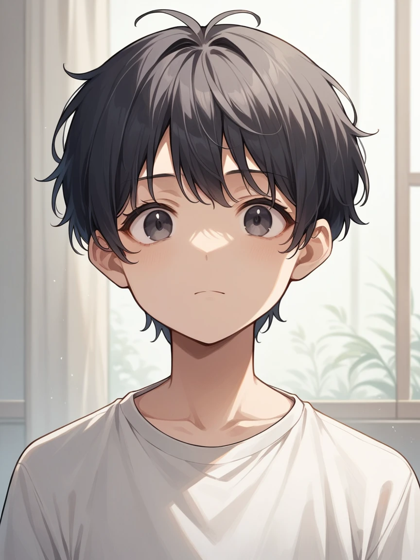 masterpiece, highest quality, Anime Style,Icon Style, 1 person,Atmospheric, Age 25, Highly detailed face, ((Dark grey eyes)), ((Dark hair parted in the center、Short Hair)),, ((Casual clothing)),background:white