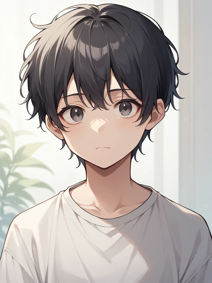 masterpiece, highest quality, Anime Style,Icon Style, 1 person,Atmospheric, Age 25, Highly detailed face, ((Dark grey eyes)), ((Dark hair parted in the center、Short Hair)),, ((Casual clothing)),background:white