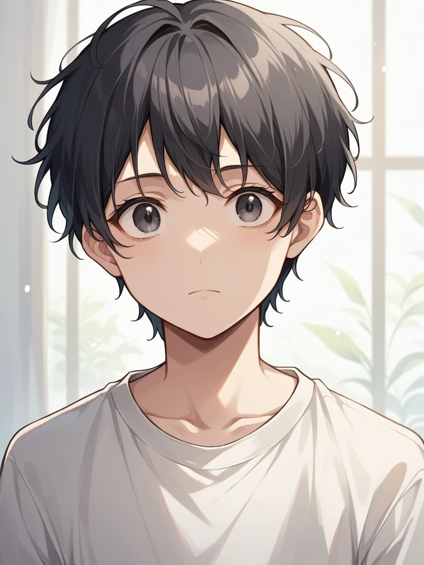 masterpiece, highest quality, Anime Style,Icon Style, 1 person,Atmospheric, Age 25, Highly detailed face, ((Dark grey eyes)), ((Dark hair parted in the center、Short Hair)),, ((Casual clothing)),background:white