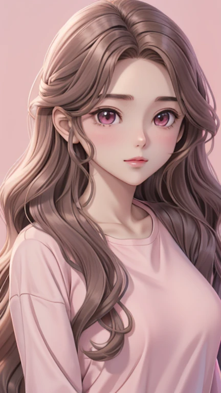 Girl, long wavy brown hair, brown eyes, soft sharp features, white skin, pink lips, pink shirt