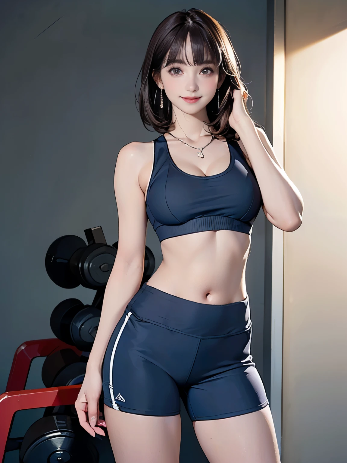 ((((highest quality))))、(((Ultra-precision CG16K wallpaper)))、(((masterpiece)))、(((Super detailed)))、(((Extreme detail)))、((1Mature 29 year old woman:1.6))、((Very beautiful Japan face of a person))、((Urizane Face:1.6))、((One-length short bob straight hair、blunt bangs:1.3))、(Shiny brown hair)、A delicately drawn beautiful face、eyeliner、Eyeshadow、High nose、Small nostrils、Small Mouth、Seductive lips、Beautiful breasts、((C cup size breasts))、Cleavage、Beautiful feet、eight-headed body、Perfect proportions、Perfect Anatomy、Perfect composition、Beautiful detailed shading、Beautiful, natural lighting、Beautiful detail glow、Depth of written boundary、(((High chroma)))、(((Real:1.9)))、((vivid:1.5))、((Beautiful Skin))、((Skin Texture))、((Realな皮膚感))、(((Cowboy Shot:1.6)))、((front view、shoot from front、front low angle:1.6))、(((smile:1.7)))、((The woman is looking at this、looking at viewer:1.6))、Bright daylight、Natural light、(((Fitness Gym:1.5)))、(Gravure idol standing pose:1.6)、(((Navy blue sports bra&Yoga Micro Mini Pants Clothing:1.6)))、((necklace、Wearing earrings:1.5))、((Knee-high socks:1.3))、