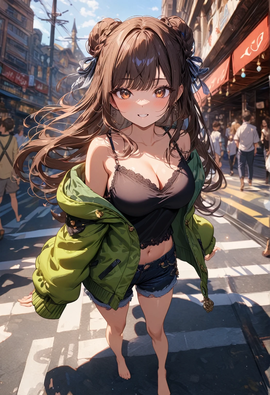 ((masterpiece:0), best quality, very aesthetic, newest, absurdres, detailed, high quality)
BREAK
highest quality, top quality, details, highres, ultra fine painting, digital art, official art, cinematic, 4k, 8k resolution, 8K CG wallpaper, CG, original artwork, detailed background, High Dynamic Range, blurry background, golden hour, blue hour, Starburst effects, crepuscular rays, good ISO, high resolution, wide shot, from far away, epic lighting, RAW photo, POV, sharp focus, lens flare, light reflection, reflections, light source, intricate details, hard light, particle noise, professional photography, bokeh, depth of field, good lighting, hard colors, looking away, detailed lights and shadows, stylish, ultra-detailed, Pixiv, trending art, niji style, modern-days, master crafted, pose
BREAK
solo, 1girl, a girl, correct fingers, detailed eyes, (medium big breasts:1.2), big thighs, short torso, short body, flushtered smile, warm happy expression, casual, (cute, slim), (childlike face:1.2), nice hips, nice body, brown hair, (long flowing hair:1.1), big 2 buns hairstyle, long bangs, long hair, middle hair bangs, brown eyes, dynamic pose, full body, barefoot
BREAK
(black string tank top, off shoulder open green hoodie, tummy skin:1.1, open unbuttoned shorts, outfit ornaments)
BREAK
a close up of a person walking down a street with a crowd of people, crowded street, crowded streets, in front of a large crowd, giant crowd, girl walking through city, people walking down a street