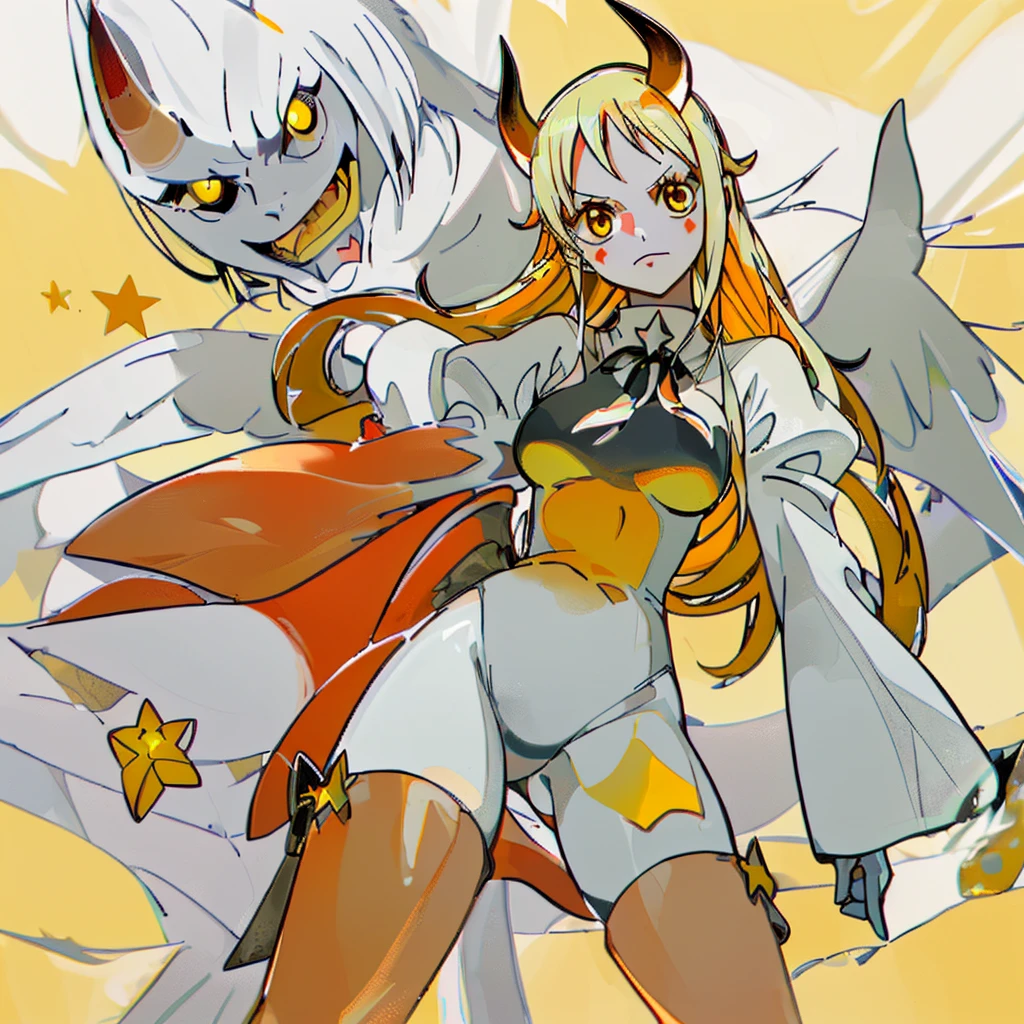 Egg-colored demon girl + Wear a white swimsuit with sleeves + white boots + It has white wings over black on its hips. + Long yellow hair tied up + yellow eyes + There is a small yellow star on the left cheek. + has a white tail + There is a white ribbon. + He has gray-white horns. + Has a black collar + There is a white shawl that leaves the middle. + Wearing red glasses. + holding devil fruit
