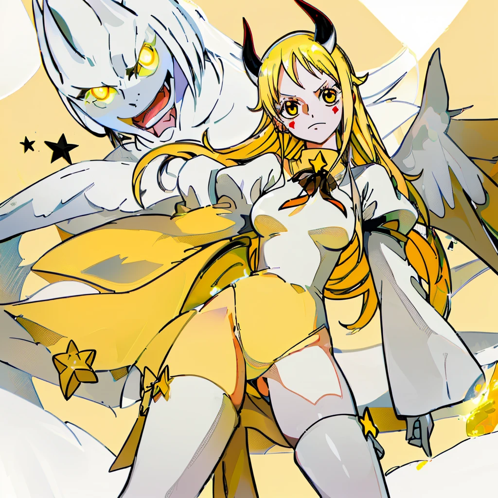 Egg-colored demon girl + Wear a white swimsuit with sleeves + white boots + It has white wings over black on its hips. + Long yellow hair tied up + yellow eyes + There is a small yellow star on the left cheek. + has a white tail + There is a white ribbon. + He has gray-white horns. + Has a black collar + There is a white shawl that leaves the middle. + Wearing red glasses. + holding devil fruit