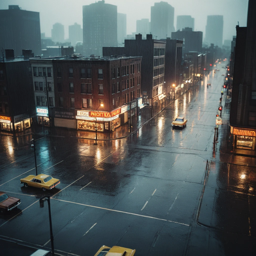 Aerial shot of a 1970's cityscape on a rainy day, wet pavement, rain-soaked buildings, Capture the essence of 1970s Motown era, (gaussian blur:1.1) (high key photo masterpiece:1.2) raw photo, (film grain:1.3), depth field, bokeh, Best quality, masterpiece, ultra high res, (photorealistic:1.4), (smooth light:1.4), photorealistic, cinematic lighting, volumetric lighting, highly detailed and intricate