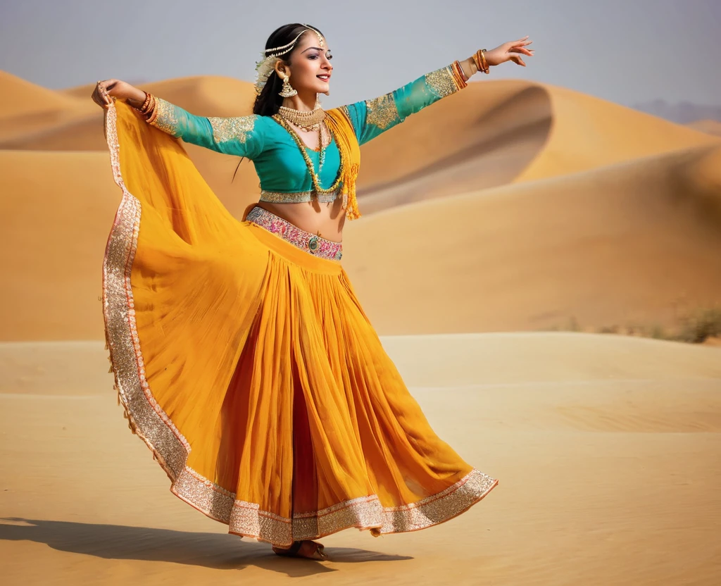 An Indian dancer, delicate facial features, full body, dynamic Indian dance, banghra, colorful outfit, Indian golden jewelry, bracelet, Bollywood imagery, ochre semidesertic land as background. 