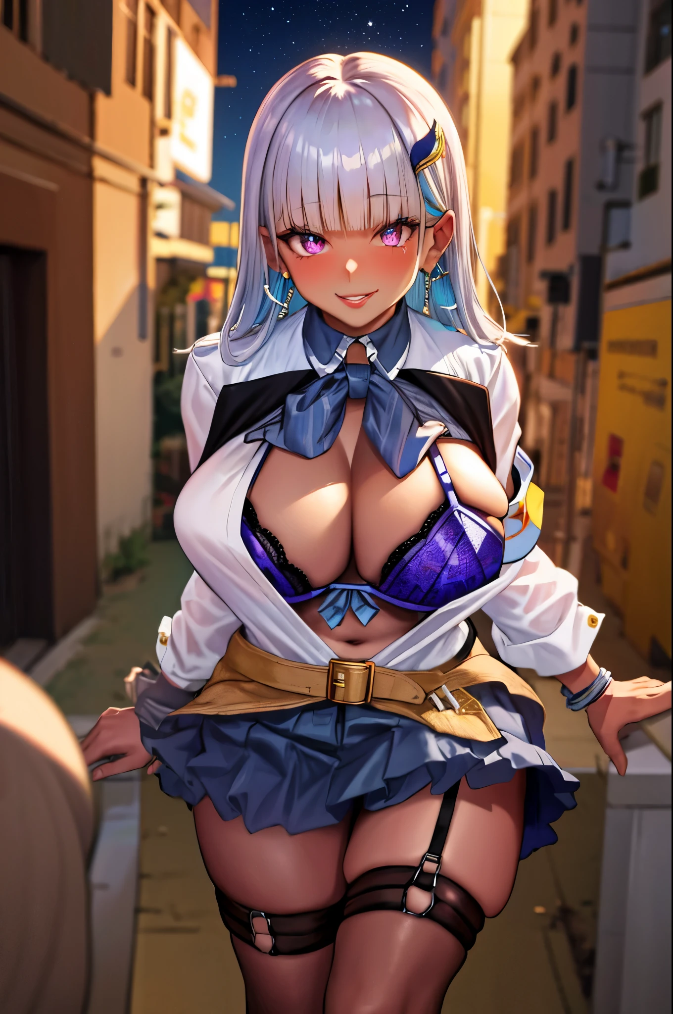 masterpiece, highest quality, High resolution, One girl, alone, 1h1 ..., hair ornaments, Blue knee socks, Thigh straps, Long Hair, Detailed body, (Detailed face:1.1), (Perfect Eyes), Thick eyelashes, Long eyelashes, Blonde Hair, (Dark Skin:1.3), Perfect dynamic composition, (fix:1.2), Cleavage, jewelry, Earrings, Open clothes, tie shirt, Tent shirt, Unbuttoned shirt, Bra Peek, lace trim bra, (leopard pattern:1.2), belt, Pleated skirt, Lace-trimmed legwear, Garter Straps, See through, hoop Earrings, Gal, Wicked Smile, Captivating smile, blush, Seductive pose, (Captivating smile:1.4), Thick lips, (Big Lips:1.2), (Huge lips: 1.2), (Lips parted:1.2), (Thick lips:1.4), street, Night Sky Armband, (Shiny skin, Glowing Skin), View Viewer,
