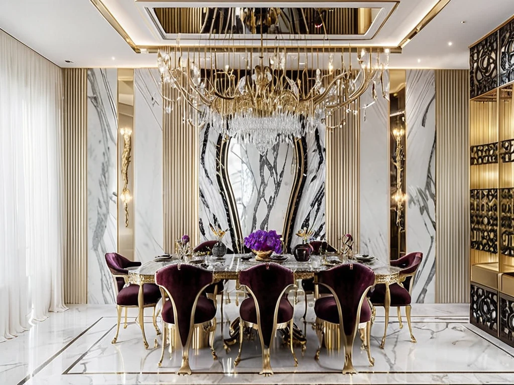 a dining room with a large table and chairs in it, magnificent design, extremely opulent, ornate and elegant, elegant and refined, elegant and ornate, luxurious environment, ornate and flowing, made of liquid metal and marble, maximalist sculpted design, gold and luxury materials, beautiful aesthetic design, dramatic and dynamic lighting, maximalist, exquisite rendering, elegant and graceful