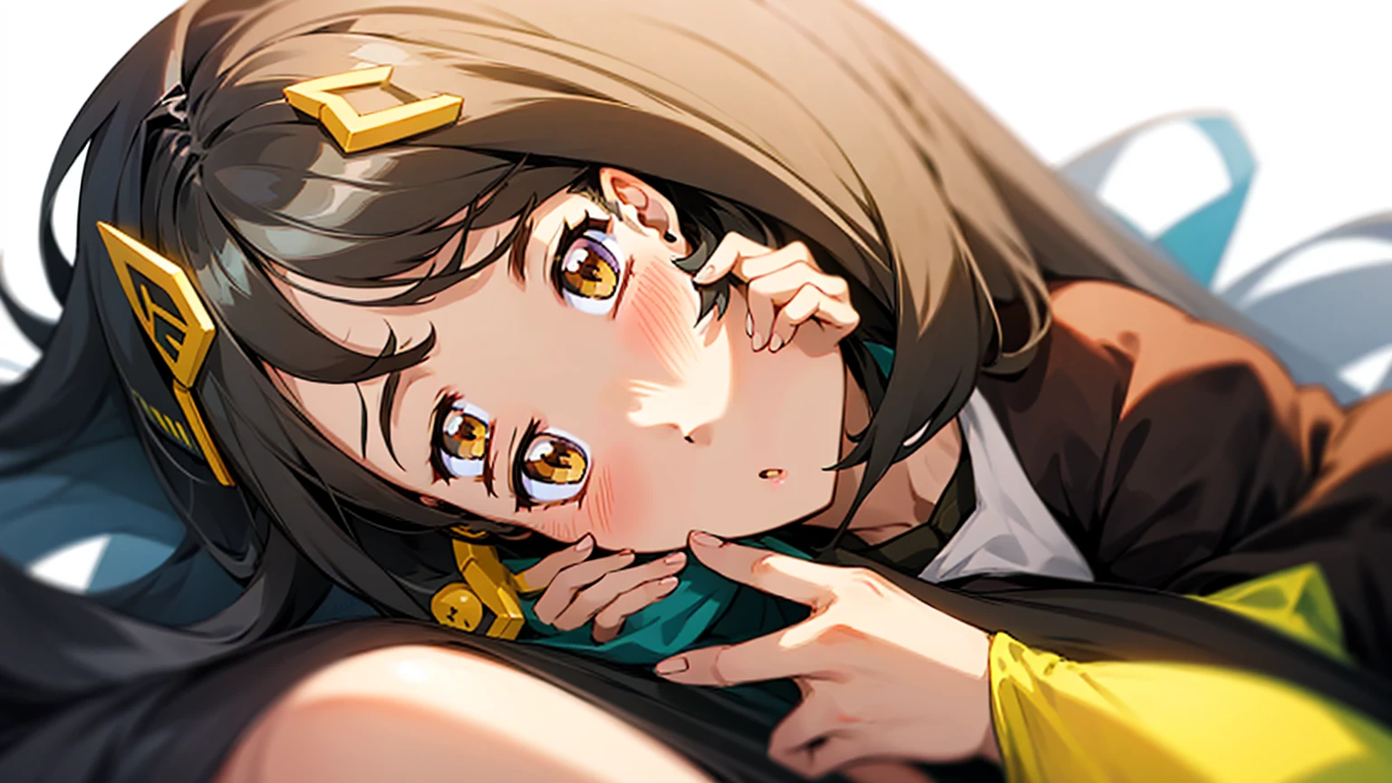 cute anime girl - long black hair - grey headset - closeup shot - pretty brown eyes - peace sign on hand resting on cheek