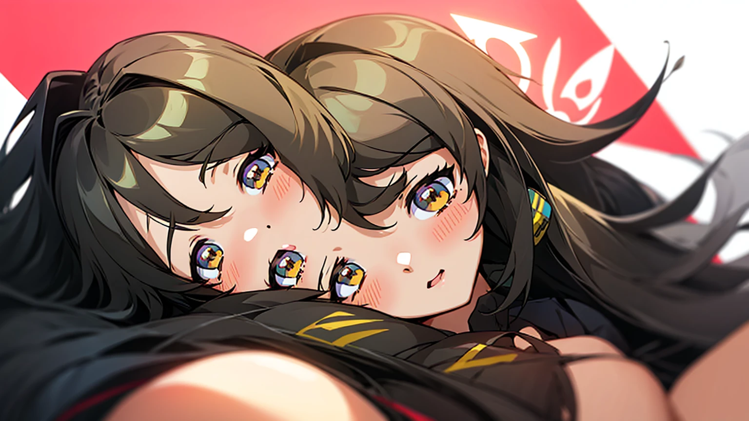cute anime girl - long black hair - grey headset - closeup shot - pretty brown eyes - peace sign on hand resting on cheek