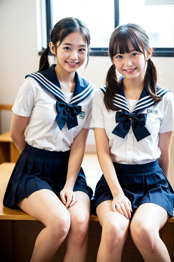 2 girls on desk in wooden school classroom,white shirt with sailor collar,navy blue micro mini skirt,white thong,pink plaid bow tie,18-year-old,bangs,a little smile,bare thighs,knees,legs apart,short hair with low pigtails,from before,front light