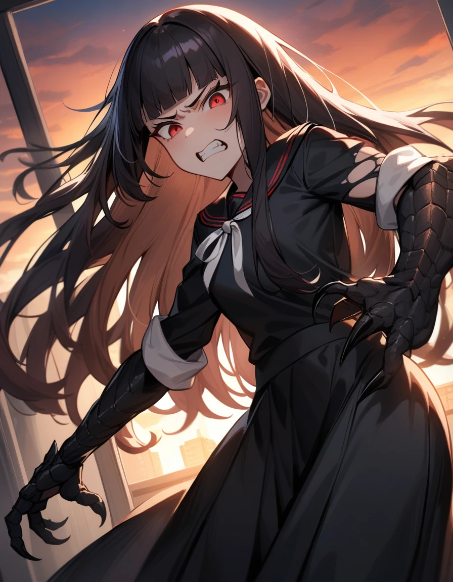 (masterpiece,best quality,very aesthetic),(ultra-detailed),nsfw,(atlach-nacha,degenerate),1girl,20yo,Statuesque,curvy,tall,long hair, black hair,straight hair,(blunt bangs),beautiful red eyes,glaring,clenching teeth,furious,Hate,Abdominal injury,vomiting blood,look down on with disdain,black serafuku in winter,long sleeves,(long skirt),white ribbon tie,torn clothes,painful,incoming attack,assaulting,swinging arm down at high speed,classroom,dusk sky,leather shoes,The setting sun is shining in the classroom,(black Claws with arms fused like spider arm:1.3),solo,looking at viewer,cowboy shot