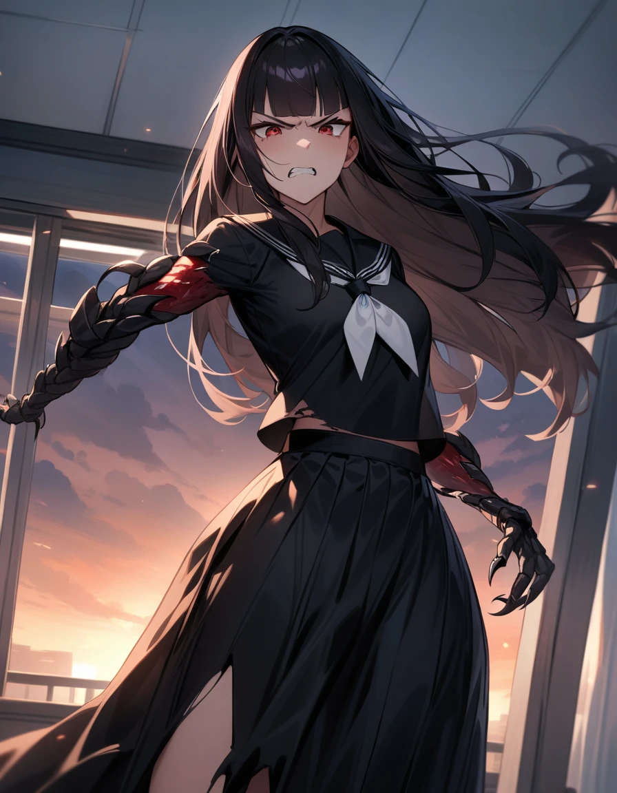 (masterpiece,best quality,very aesthetic),(ultra-detailed),nsfw,(atlach-nacha,degenerate),1girl,20yo,Statuesque,curvy,tall,long hair, black hair,straight hair,(blunt bangs),beautiful red eyes,glaring,clenching teeth,furious,Hate,Abdominal injury,vomiting blood,look down on with disdain,black serafuku in winter,long sleeves,(long skirt),white ribbon tie,torn clothes,painful,incoming attack,assaulting,swinging arm down at high speed,classroom,dusk sky,leather shoes,The setting sun is shining in the classroom,(black Claws with arms fused like spider arm:1.3),solo,looking at viewer,cowboy shot