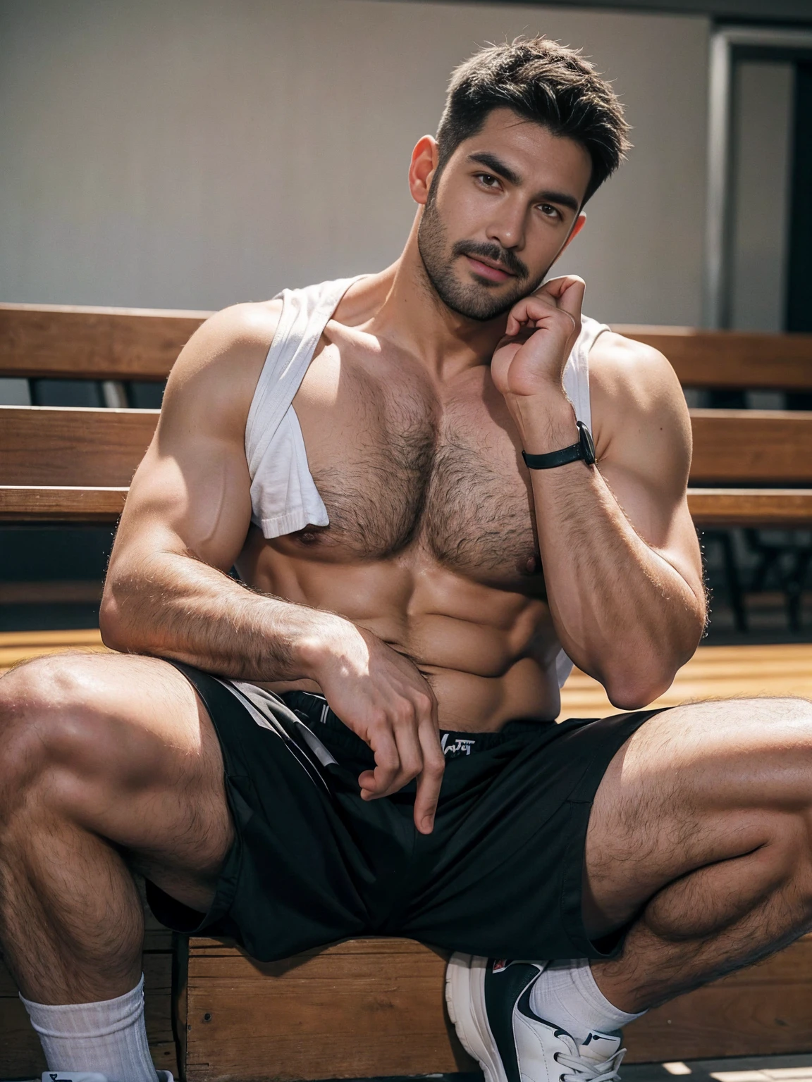 smile, short hair, black hair, brown hair, black hair, sitting, male focus, multiple , shoes, shorts, watermark, crossed arms, wristband, sneakers, sportswear, bench, basketball, basketball uniformanother, chest hair, , navel hair, leg hair, arm hair, hairy, (Chest hair:1.8) ! High detail 8K)! ((Realistically)), ! 186 cm! 70 kilograms! Popular clips! ( High-detail 8k ((realistically)), Exposed chest muscle and chest hair!, best quality, bright lighting, focus, theater! 35 years old, hairy breasts, thick hair Adam Dario Kier screenshot, Reddit, photo realism, gray hair!real photos!Thick moustache!(Chest hair:1.5)Real photos!
