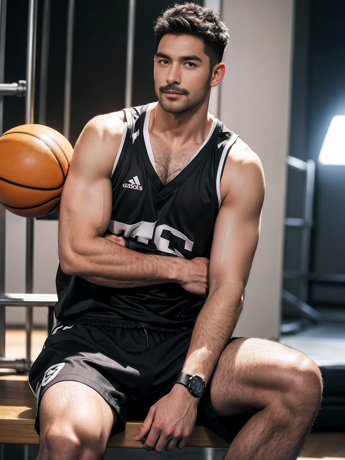 smile, short hair, black hair, brown hair, black hair, sitting, male focus, multiple , shoes, shorts, watermark, crossed arms, wristband, sneakers, sportswear, bench, basketball, basketball uniformanother, chest hair, , navel hair, leg hair, arm hair, hairy, (Chest hair:1.8) ! High detail 8K)! ((Realistically)), ! 186 cm! 70 kilograms! Popular clips! ( High-detail 8k ((realistically)), Exposed chest muscle and chest hair!, best quality, bright lighting, focus, theater! 35 years old, hairy breasts, thick hair Adam Dario Kier screenshot, Reddit, photo realism, gray hair!real photos!Thick moustache!(Chest hair:1.5)Real photos!