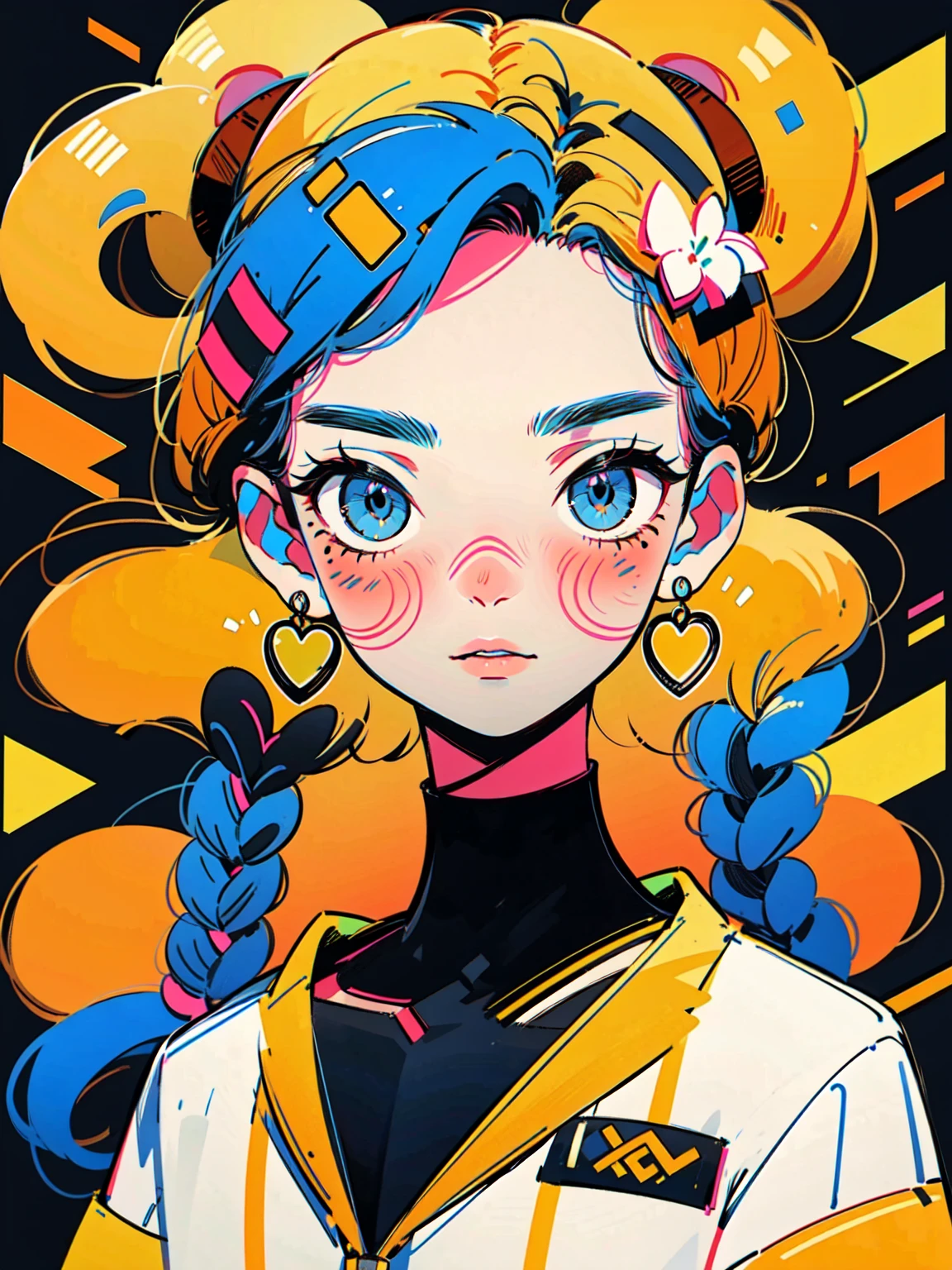 4lb1n0, 1girl, neon green hair, Big eyes, Flower pattern on eyes, Pupil shape, radiant orange eyes, round neon earrings, neon leg warmers and off-shoulder sweater, glossy orange lips, portrait with a fun expression, neon grid background, masterpiece, best quality, cut3h0rnstyl3, slightly tilted head, horns, (Neon Glow Demon)

