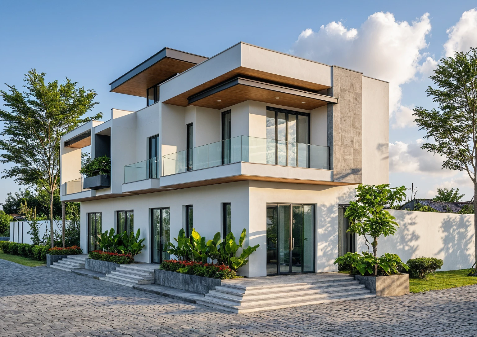 Masterpiece, high quality, best quality, authentic, super detail, outdoors, onestoreyvillaXL, aiaigroup, house style modern on the street ,stairs, white wall ,road,pavement, grass, trees, sky, cloud, (daylight:1.1)