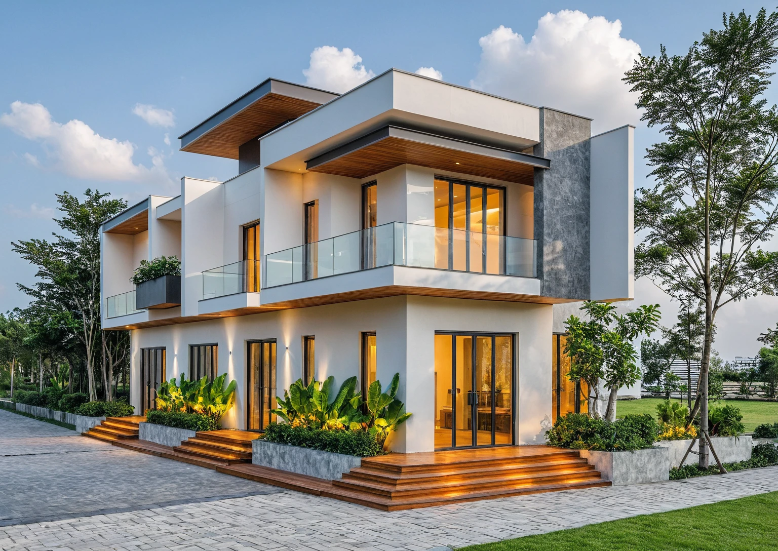 Masterpiece, high quality, best quality, authentic, super detail, outdoors, onestoreyvillaXL, aiaigroup, house style modern on the street ,stairs, white wall ,road,pavement, grass, trees, sky, cloud, (daylight:1.1)
