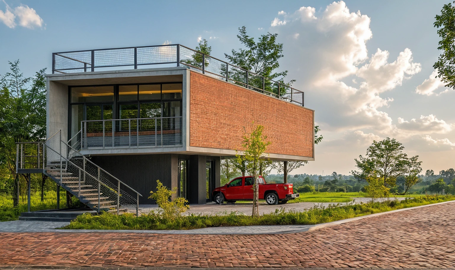 Masterpiece, high quality, best quality, authentic, football training center, realistic scene, super detail, outdoors, house on the street ,brick wall, colorful vertical facade, vertical louver, glass window, road, pavement, grass, trees, sky, cloud, campus, football ground, pitch (daylight:1.1)