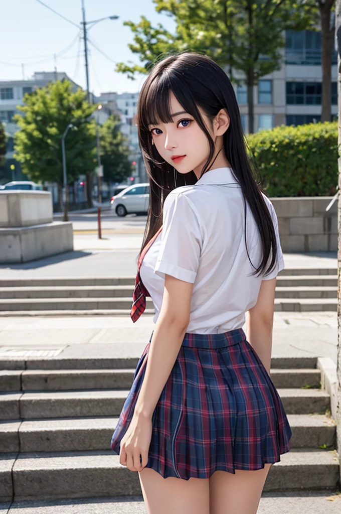 1girl,perky breasts,semi-long hair,deep black hair,straight hair,expressionless,looking back,mouth mask,perfect eyes,blue eyes,groomed eyebrows,
BREAK ,cardigan,tartan check skirt,frilled panties,upskirt,from below,
BREAK from behind,dutch angle,outdoor,station,escalator,((depth of field,portrait)),
BREAK score_9,source_anime,rating_explicit,uncensored,