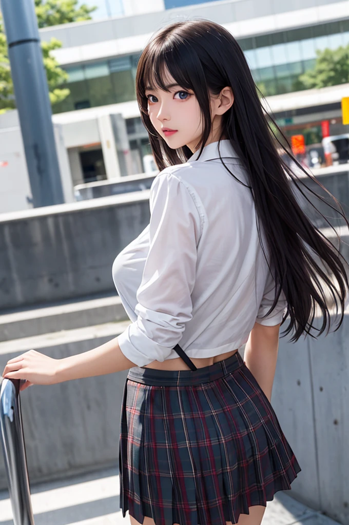 1girl,perky breasts,semi-long hair,deep black hair,straight hair,expressionless,looking back,mouth mask,perfect eyes,blue eyes,groomed eyebrows,
BREAK ,cardigan,tartan check skirt,frilled panties,upskirt,from below,
BREAK from behind,dutch angle,outdoor,station,escalator,((depth of field,portrait)),
BREAK score_9,source_anime,rating_explicit,uncensored,