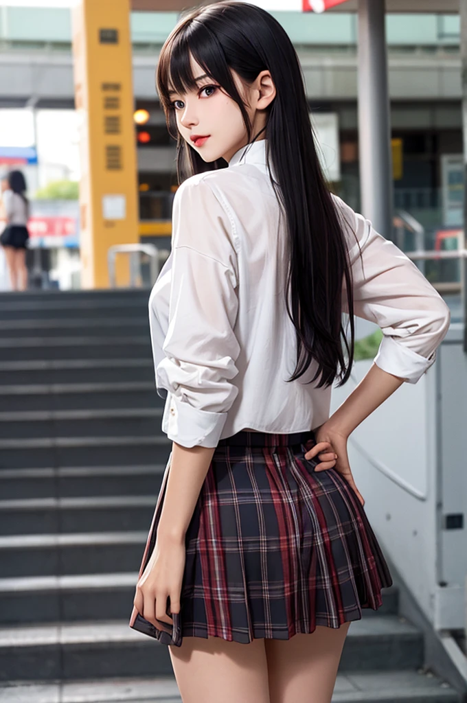 1girl,perky breasts,semi-long hair,deep black hair,straight hair,expressionless,looking back,mouth mask,perfect eyes,blue eyes,groomed eyebrows,
BREAK ,cardigan,tartan check skirt,frilled panties,upskirt,from below,
BREAK from behind,dutch angle,outdoor,station,escalator,((depth of field,portrait)),
BREAK score_9,source_anime,rating_explicit,uncensored,