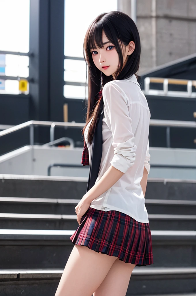1girl,perky breasts,semi-long hair,deep black hair,straight hair,expressionless,looking back,mouth mask,perfect eyes,blue eyes,groomed eyebrows,
BREAK ,cardigan,tartan check skirt,frilled panties,upskirt,from below,
BREAK from behind,dutch angle,outdoor,station,escalator,((depth of field,portrait)),
BREAK score_9,source_anime,rating_explicit,uncensored,