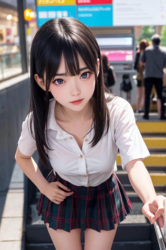 1girl,perky breasts,semi-long hair,deep black hair,straight hair,expressionless,looking back,mouth mask,perfect eyes,blue eyes,groomed eyebrows,
BREAK ,cardigan,tartan check skirt,frilled panties,upskirt,from below,
BREAK from behind,dutch angle,outdoor,station,escalator,((depth of field,portrait)),
BREAK score_9,source_anime,rating_explicit,uncensored,