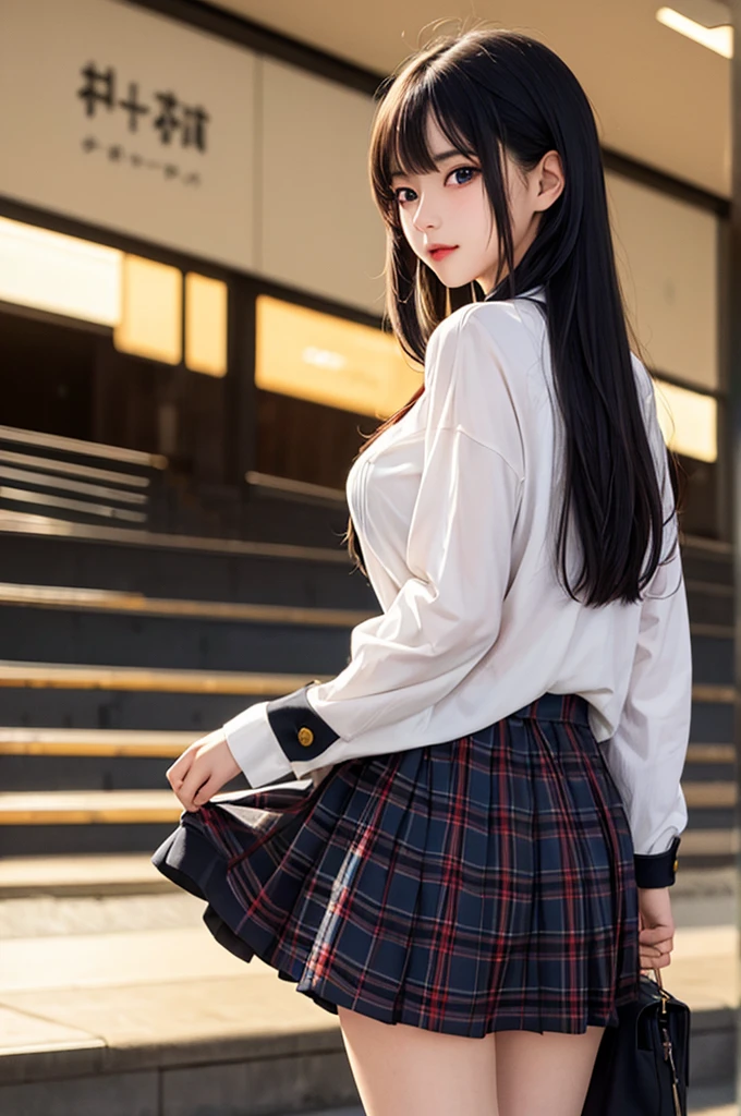 1girl,perky breasts,semi-long hair,deep black hair,straight hair,expressionless,looking back,mouth mask,perfect eyes,blue eyes,groomed eyebrows,
BREAK ,cardigan,tartan check skirt,frilled panties,upskirt,from below,
BREAK from behind,dutch angle,outdoor,station,escalator,((depth of field,portrait)),
BREAK score_9,source_anime,rating_explicit,uncensored,