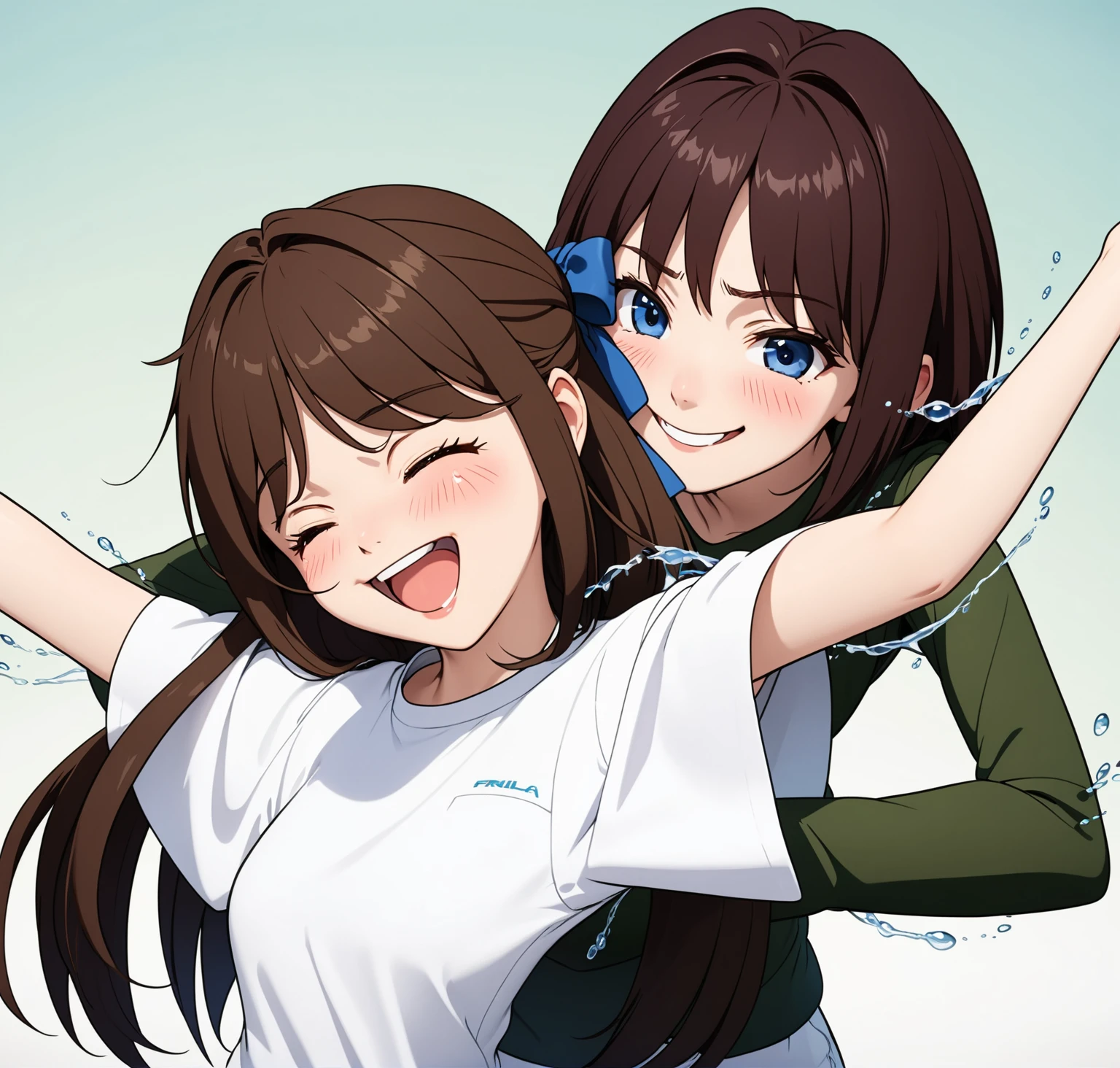 two extremely delicate and beautiful girls,Girl in white shirt raising her arms,The other girl put her hand into the sleeve of the girl in the white shirt with a sly smile,(laughing:1.4),(big mouth:1.1),open mouth,happy,(frown:1.3),crazy smile,(pain face:1.2),blush,tears,sweat,(tickling armpits),((trembling)),(((masterpiece))), (((best quality))), (official art), ((extremely detailed CG unity 8k wallpaper)), (Best character details), ((ultra-detailed)), (illustration), (dynamic angle),