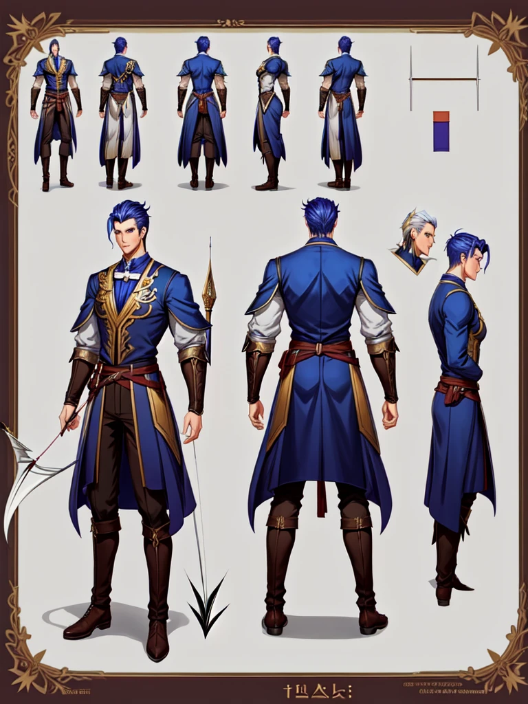 1 male, tall male, character design, character concept, concept art, 4 angle views, front, back, leftside,rightside,fantasy clothes, lean muscular, bow and arrow at back , 