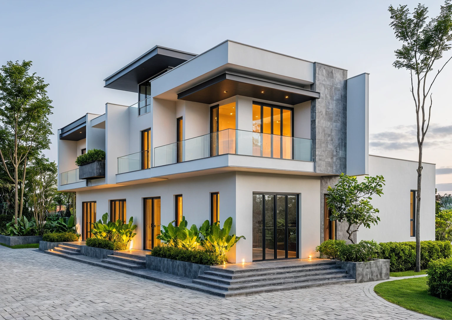 Masterpiece, high quality, best quality, authentic, super detail, outdoors, onestoreyvillaXL, aiaigroup, house style modern on the street ,stairs, white wall ,road,pavement, grass, trees, sky, cloud, (daylight:1.1)