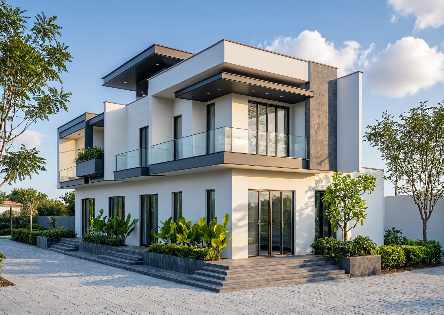 Masterpiece, high quality, best quality, authentic, super detail, outdoors, onestoreyvillaXL, aiaigroup, house style modern on the street ,stairs, white wall ,road,pavement, grass, trees, sky, cloud, (daylight:1.1)