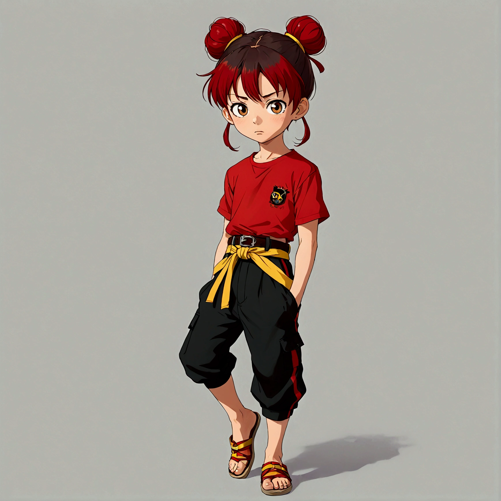 1boy,Double bun,Red hair band,Red shirt,belt,Black pants,barefoot,solo,Anime style