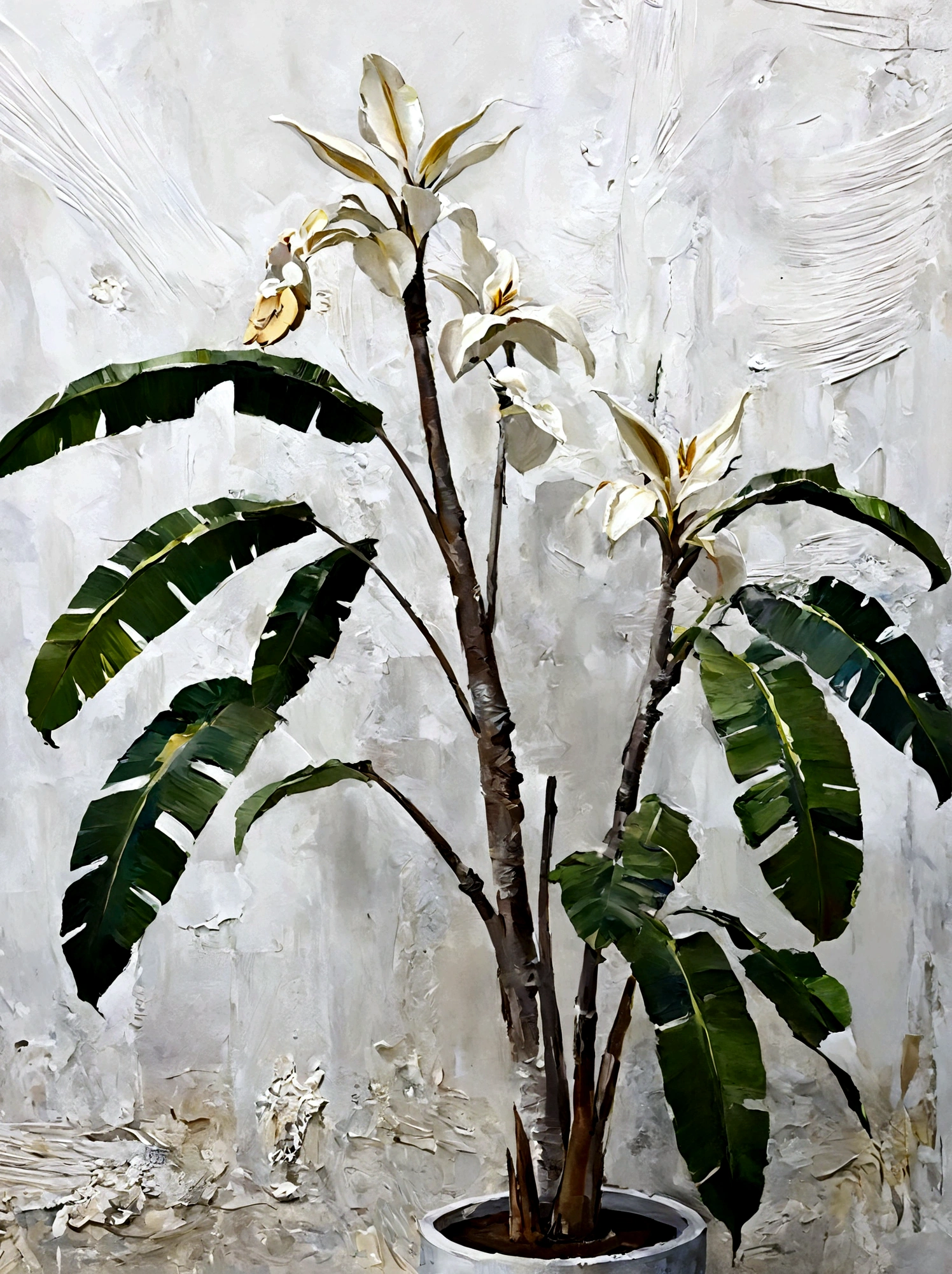 A banana tree,vanilla,bright,White background,real,emotion,Thick textured paint,