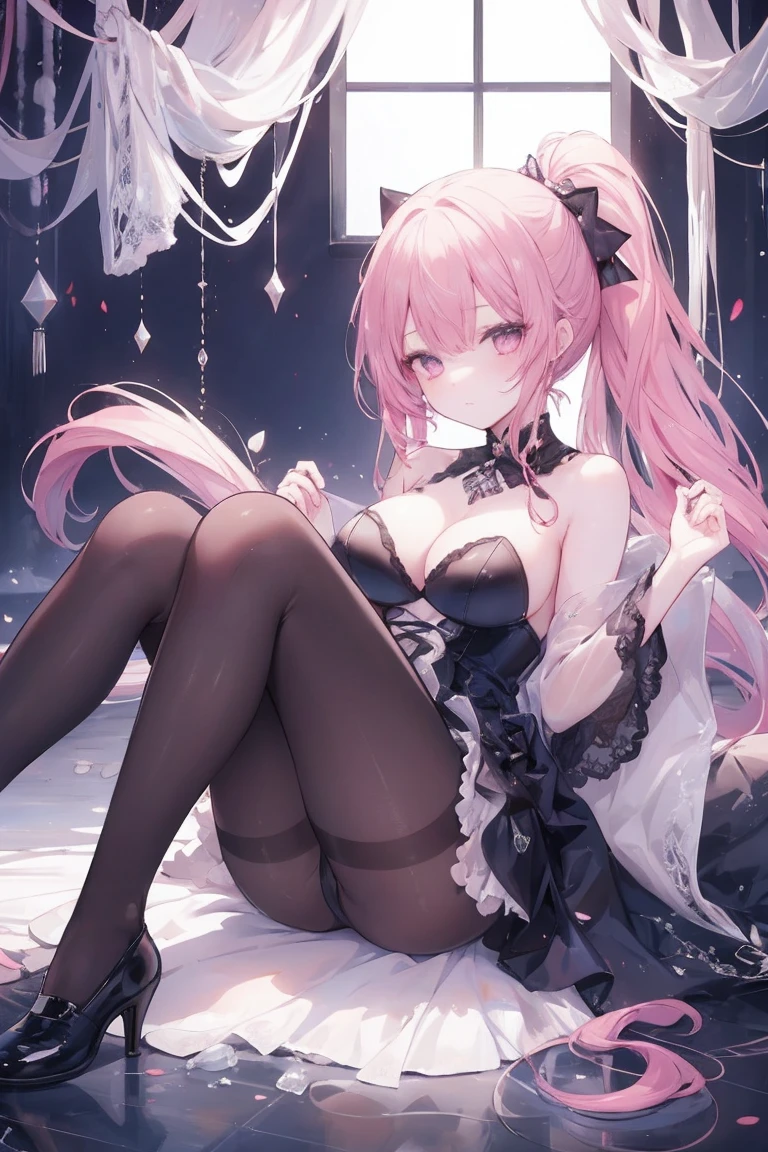1girl,solo,
looking_at_viewer,from_below,looking_down
side_slit,sit down
long_hair,very_long_hair,red_hair,hair_ornament,large_breasts,bangs,ponytail,
purple_eyes,pink_eyes,
closed_mouth,bare_shoulders,breasts,thighs,
dress,strapless dress,black_dress,black pantyhose,lattice_Stockings,
With bare skin and transparent legs,
Ice and jade, exquisite and translucent,