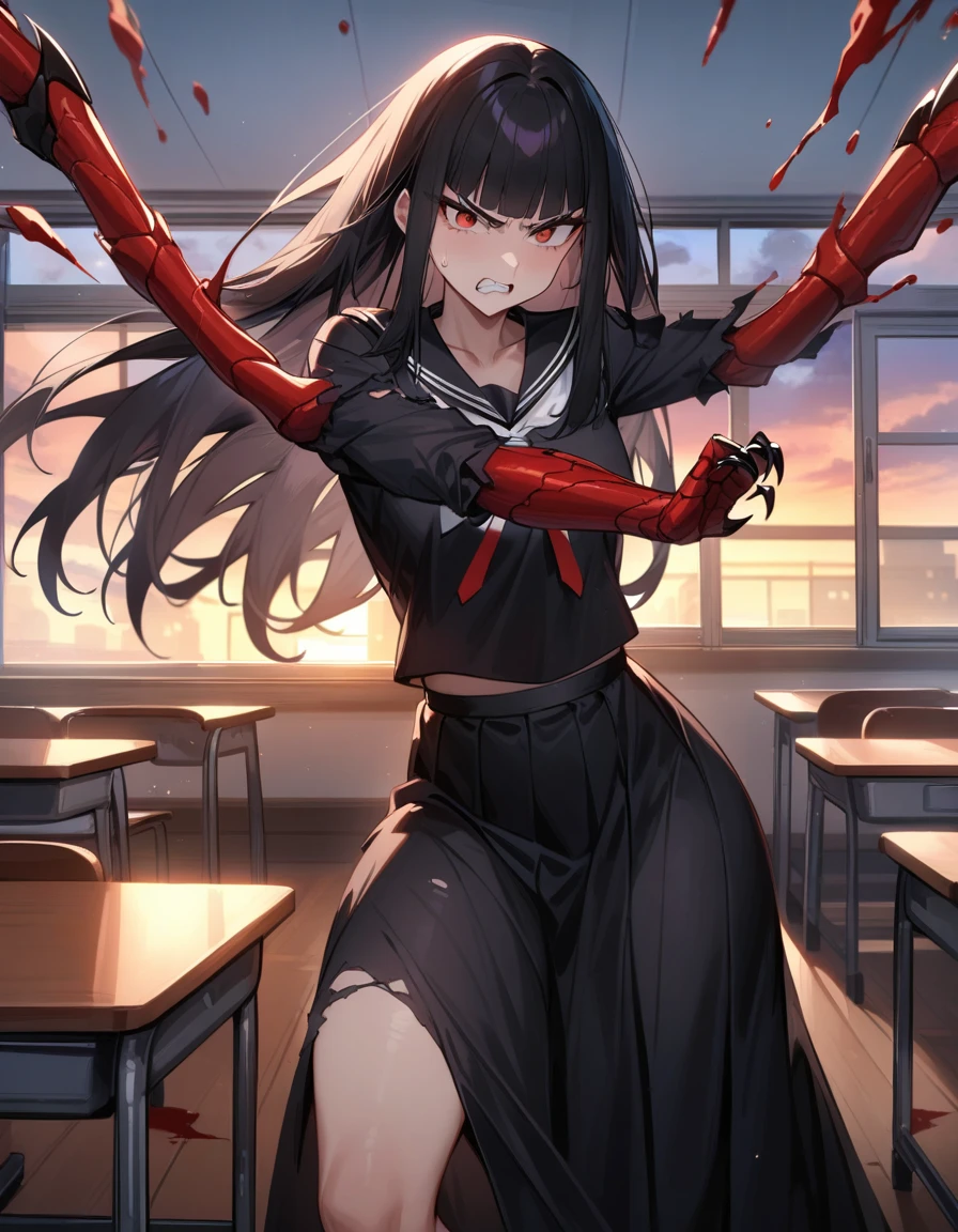 (masterpiece,best quality,very aesthetic),(ultra-detailed),nsfw,(atlach-nacha,degenerate),1girl,20yo,Statuesque,curvy,tall,long hair, black hair,straight hair,(blunt bangs),beautiful red eyes,glaring,clenching teeth,furious,rage,Abdominal injury,vomiting blood,look down on with disdain,black serafuku in winter,long sleeves,(long skirt),white ribbon tie,torn clothes,painful,incoming attack,assaulting,swinging arm down at high speed,classroom,dusk sky,leather shoes,The setting sun is shining in the classroom,(black Claws with arms fused like spider arm:1.3),solo,looking at viewer,cowboy shot