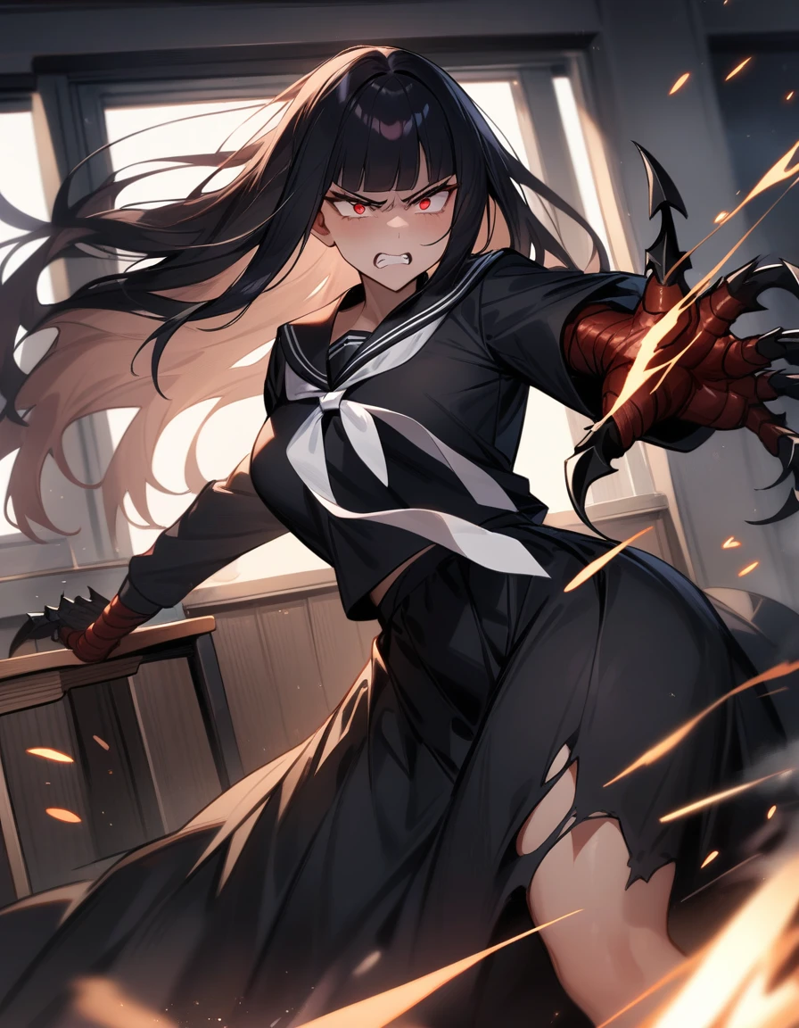 (masterpiece,best quality,very aesthetic),(ultra-detailed),nsfw,(atlach-nacha,degenerate),1girl,20yo,Statuesque,curvy,tall,long hair, black hair,straight hair,(blunt bangs),beautiful red eyes,glaring,clenching teeth,furious,rage,Abdominal injury,vomiting blood,look down on with disdain,black serafuku in winter,long sleeves,(long skirt),white ribbon tie,torn clothes,painful,incoming attack,assaulting,swinging arm down at high speed,classroom,dusk sky,leather shoes,The setting sun is shining in the classroom,(black Claws with arms fused like spider arm:1.3),solo,looking at viewer,cowboy shot