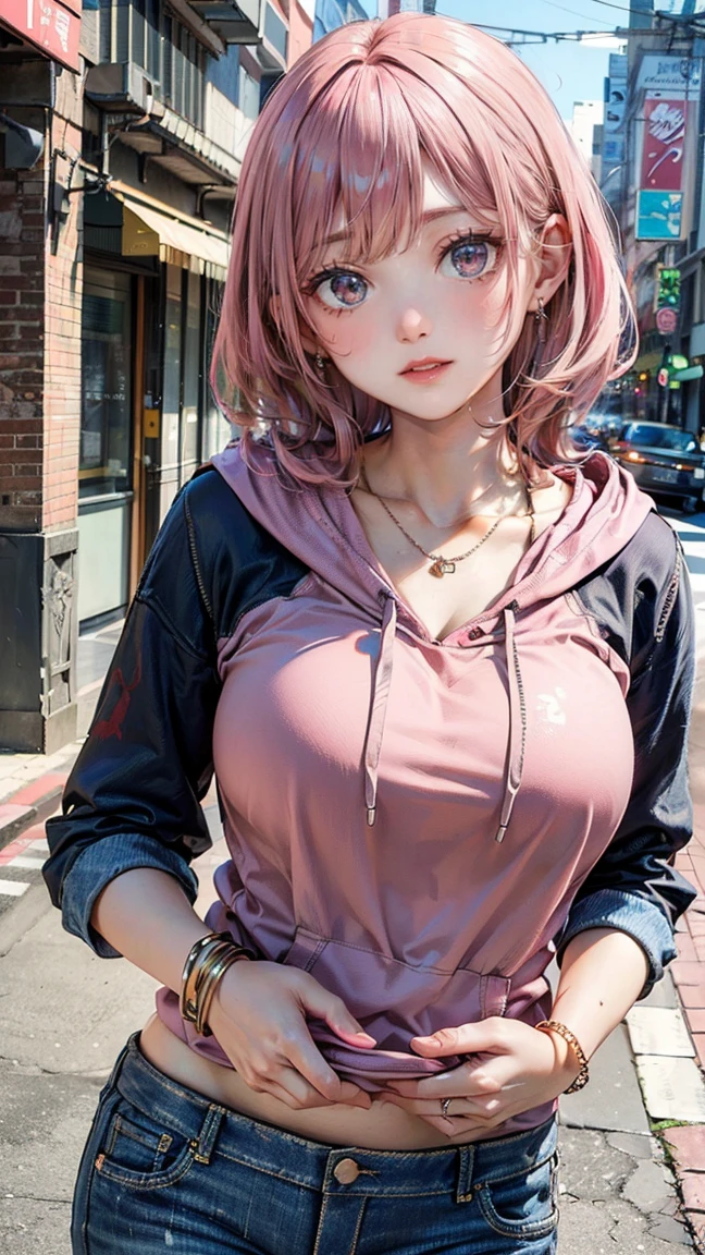 (Masterpiece, BestQuality:1.3), (ultra detailed:1.2), (hyperrealistic:1.3), (RAW photo:1.2), High detail RAW color photo, professional photograph, (Photorealistic:1.4), (realistic:1.4), professional lighting, perfect anatomy, (Big Breasts:1.2), (blush, detailed face), (cheerful Smile:1.5), Trending Hair&Trending Hairカラーをランダムに, earrings, necklace, bracelet, sexy, erotic sexy, Random sexy gravure poses, (A beautiful pink-haired woman wearing a casual hoodie and jeans、Posing in front of urban street art。She is smiling freely。:1.3)