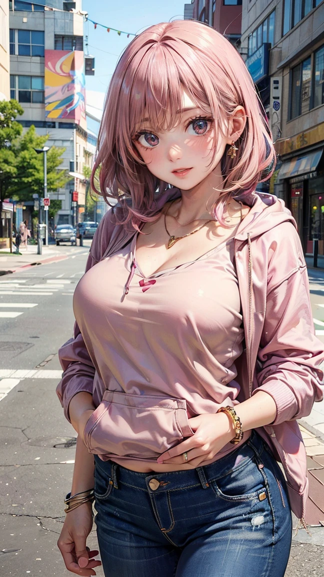 (Masterpiece, BestQuality:1.3), (ultra detailed:1.2), (hyperrealistic:1.3), (RAW photo:1.2), High detail RAW color photo, professional photograph, (Photorealistic:1.4), (realistic:1.4), professional lighting, perfect anatomy, (Big Breasts:1.2), (blush, detailed face), (cheerful Smile:1.5), Trending Hair&Trending Hairカラーをランダムに, earrings, necklace, bracelet, sexy, erotic sexy, Random sexy gravure poses, (A beautiful pink-haired woman wearing a casual hoodie and jeans、Posing in front of urban street art。She is smiling freely。:1.3)