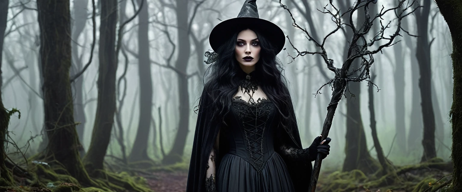 (masterpiece:1.2), (photorealistic:1.4),(best quality,highres),(dark,gothic) witch in a (mysterious,enchanted,spooky) forest, with (long,wavy) black hair and (grey pale) skin. She wears a (tattered,dress) black cloak and a (pointed) hat. Her (intense, piercing) green eyes gaze into the distance with a (mischievous) glint. She holds a (wooden) staff in one hand, which emits a (magical) glow. Around her, there are (twisted, gnarled) trees with (eerie) purple leaves and (creepy) vines. The forest is bathed in a (dim,moonlit) light, casting long shadows on the ground. The atmosphere is filled with (mysterious) fog and (whispering) sounds.