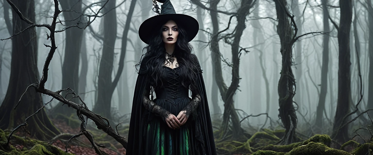 (masterpiece:1.2), (photorealistic:1.4),(best quality,highres),(dark,gothic) witch in a (mysterious,enchanted,spooky) forest, with (long,wavy) black hair and (grey pale) skin. She wears a (tattered,dress) black cloak and a (pointed) hat. Her (intense, piercing) green eyes gaze into the distance with a (mischievous) glint. She holds a (wooden) staff in one hand, which emits a (magical) glow. Around her, there are (twisted, gnarled) trees with (eerie) purple leaves and (creepy) vines. The forest is bathed in a (dim,moonlit) light, casting long shadows on the ground. The atmosphere is filled with (mysterious) fog and (whispering) sounds.